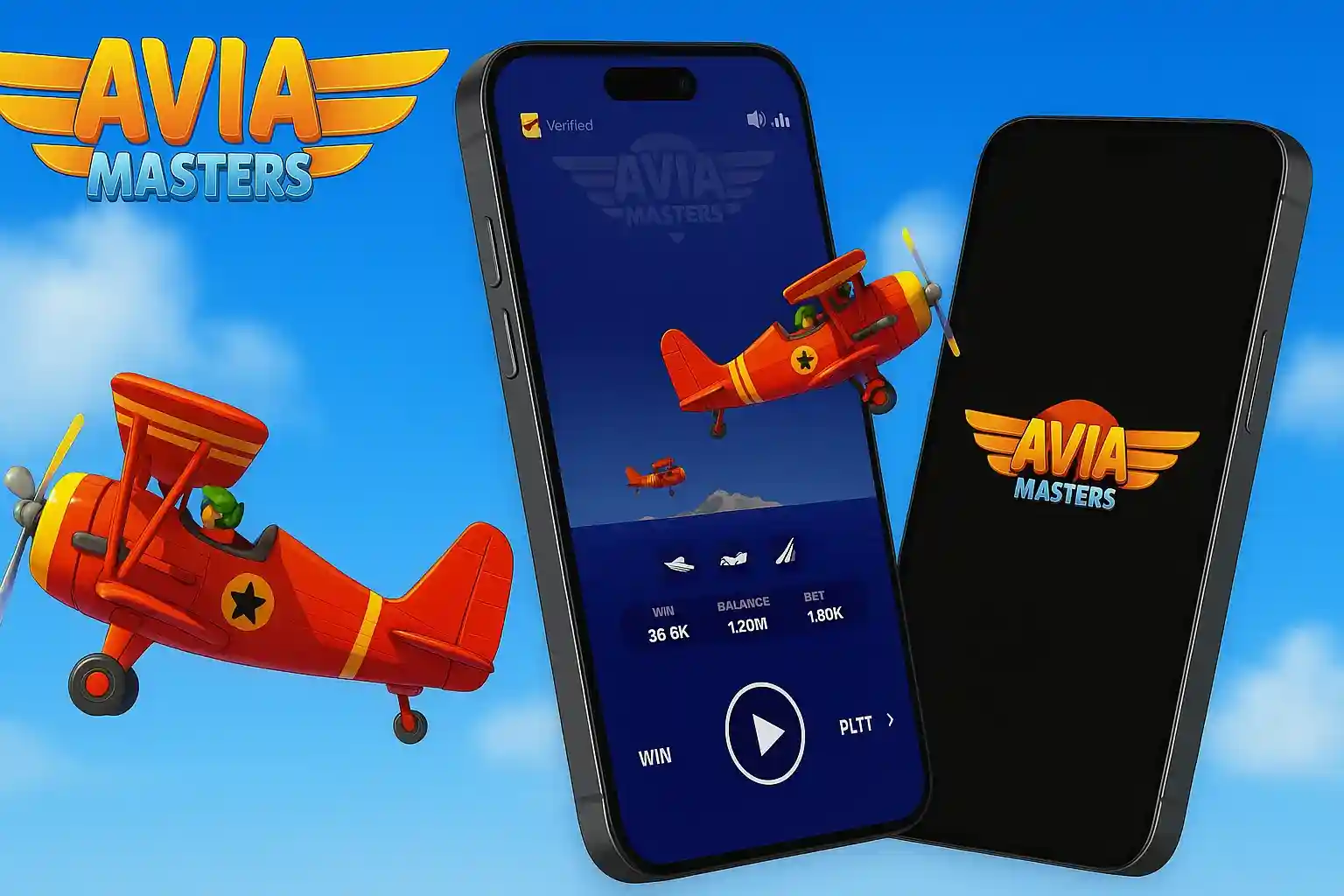 Aviões Avia Masters voando ao redor de smartphones com tela do jogo