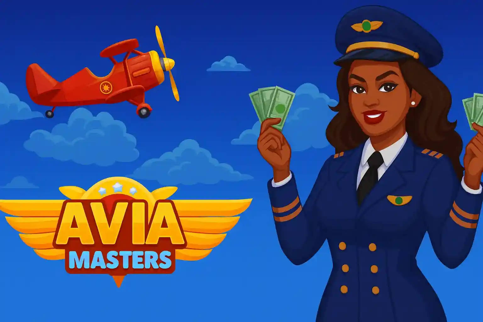 Pilota sorrindo com dinheiro e avião Avia Masters no céu